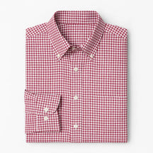 Camisa masculina Oxford xadrez vermelho e branco, manga longa, 100% algodão, gola abotoada e estilo clássico casual.