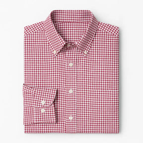 Camisa masculina Oxford xadrez vermelho e branco, manga longa, 100% algodão, gola abotoada e estilo clássico casual.