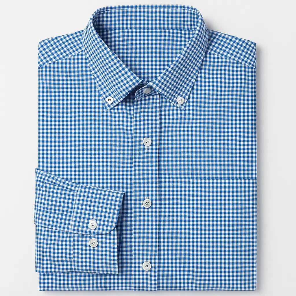 Camisa masculina Oxford xadrez azul, manga longa, 100% algodão, gola abotoada e estilo clássico casual.