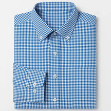 Camisa masculina Oxford xadrez azul, manga longa, 100% algodão, gola abotoada e estilo clássico casual.