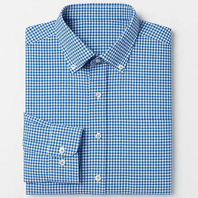 Camisa masculina Oxford xadrez azul, manga longa, 100% algodão, gola abotoada e estilo clássico casual.