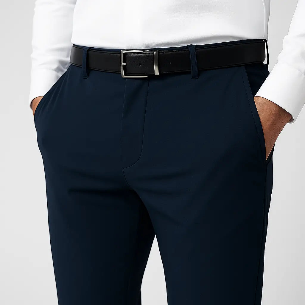 Calça Masculina Social MODAL PLUS: leve e respirável, não transparente, com caimento sofisticado. Frescor e conforto em dias quentes.leve e respirável, demonstrando tecido não transparente e caimento sofisticado para o verão.