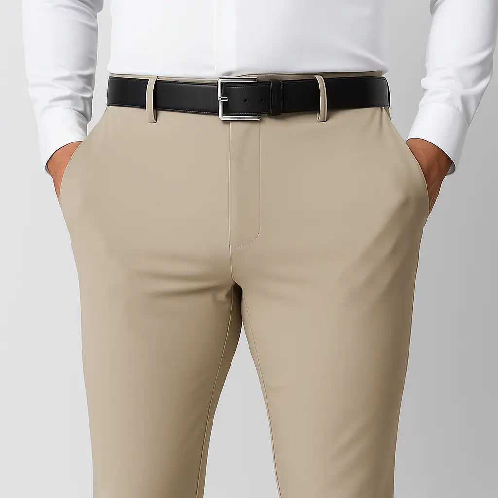 Calça Masculina Social MODAL PLUS: leve e respirável, não transparente, com caimento sofisticado. Frescor e conforto em dias quentes.leve e respirável, demonstrando tecido não transparente e caimento sofisticado para o verão.