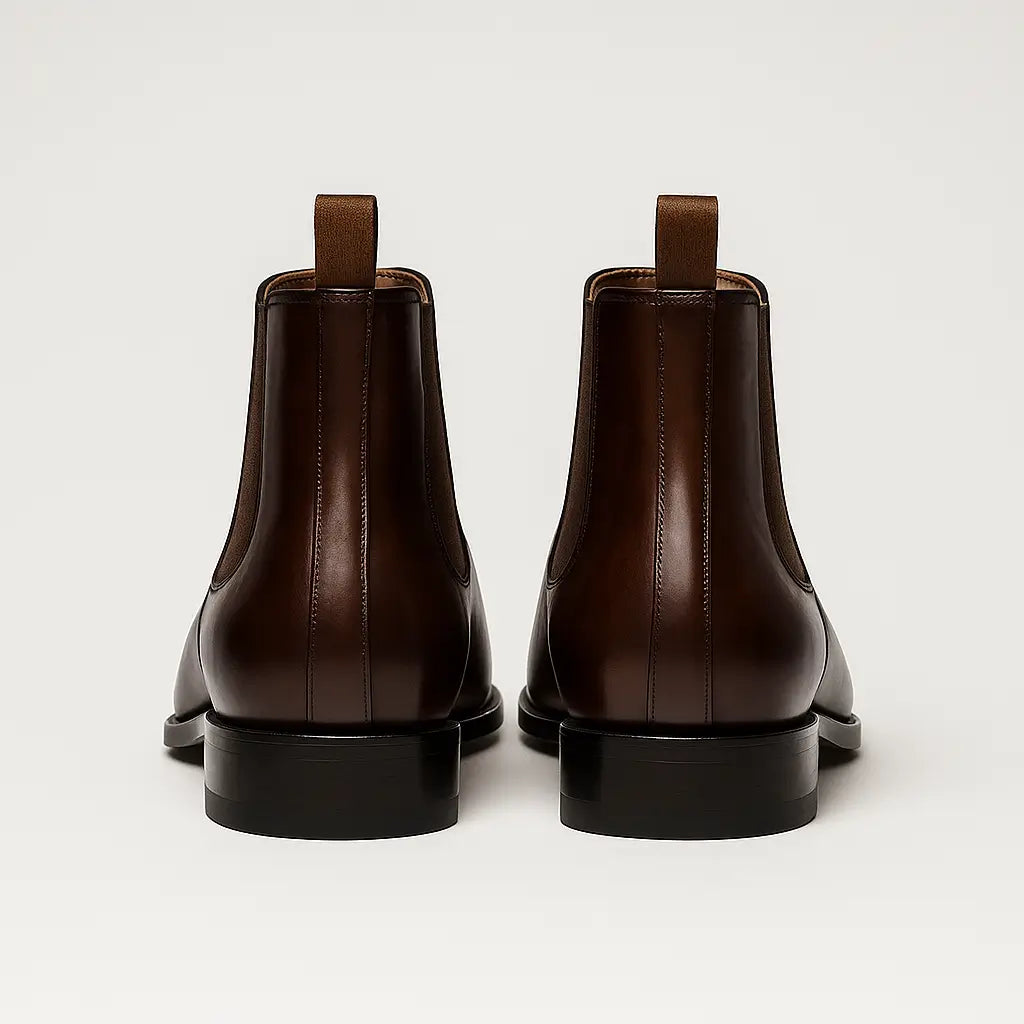 bota chelsea masculina de couro polido preto com elástico lateral e bico fino – estilo elegante sobre superfície de madeira