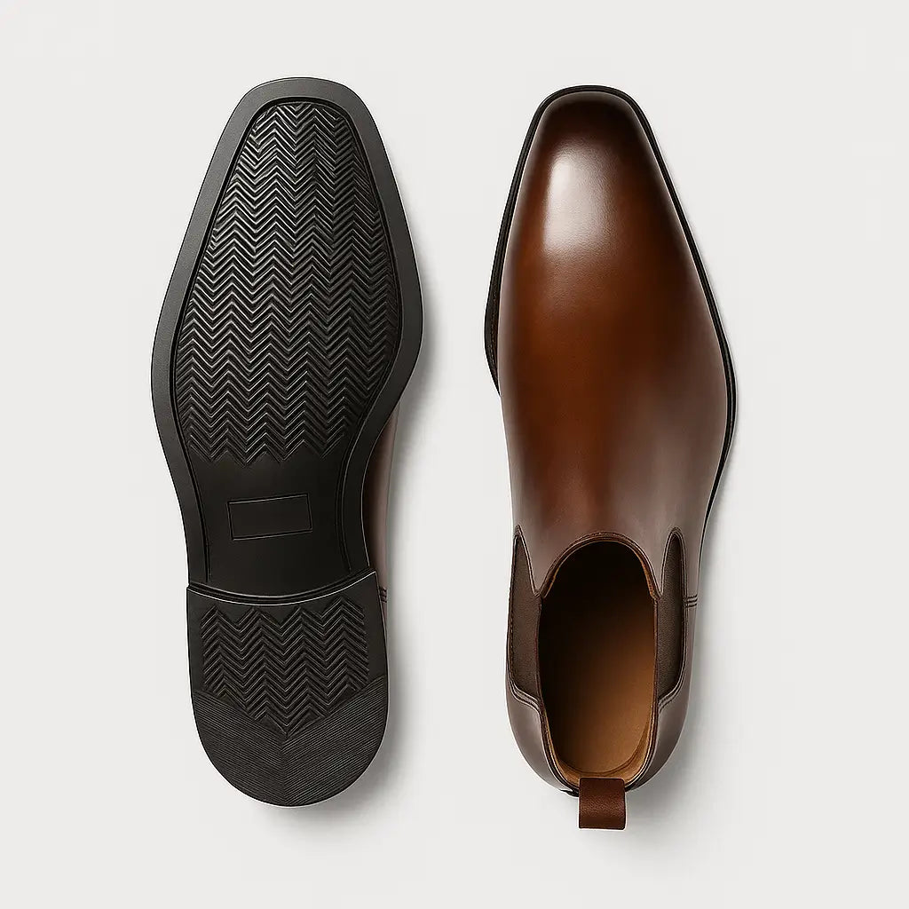 bota chelsea masculina de couro polido preto com elástico lateral e bico fino – estilo elegante sobre superfície de madeira