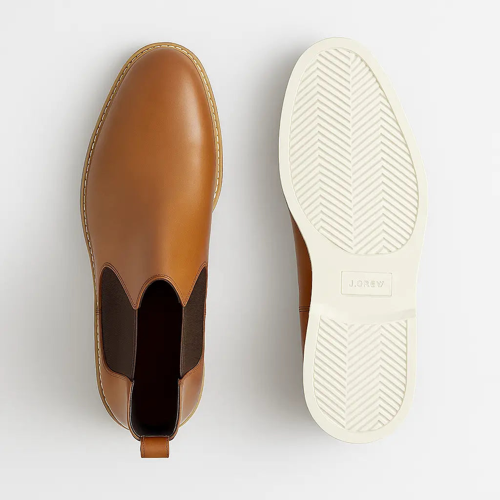 Bota Chelsea em couro legítimo com elástico lateral e solado branco.