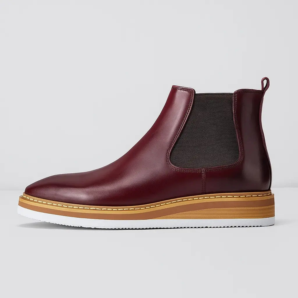 Bota Chelsea em couro legítimo com elástico lateral e solado branco.