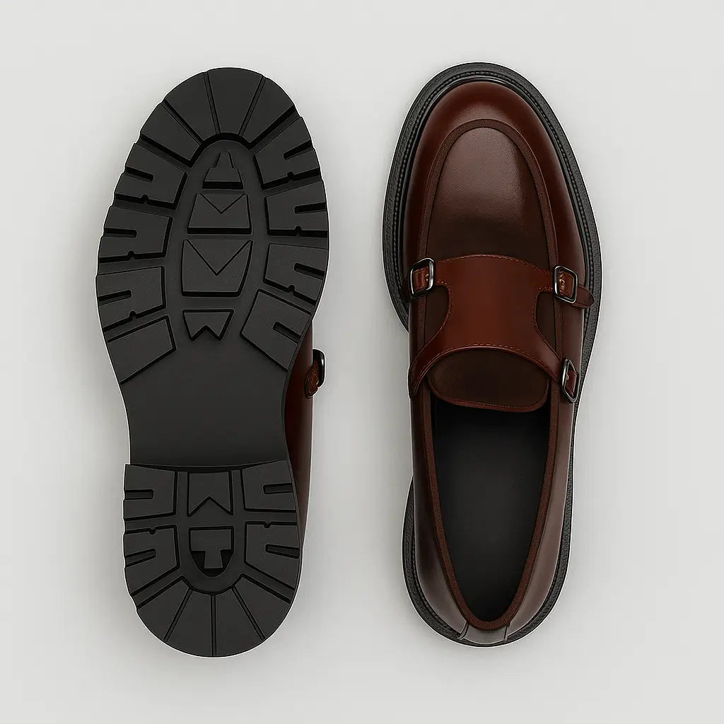 Loafer masculino tratorado com fivela dupla em couro brilhante e camurça, solado grosso preto e acabamento sofisticado.