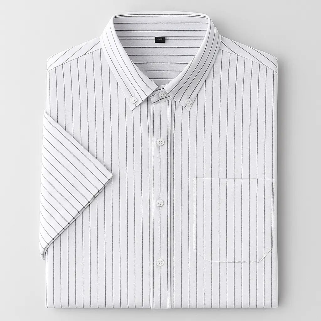 Camisa masculina manga curta listrada com fechamento em botões e manga curta, modelagem que se adapta em qualquer corpo.