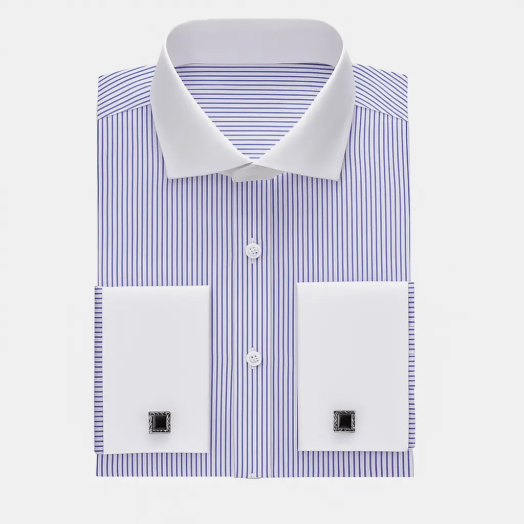 Camisa Social Masculina Listrada manga longa com fechamento em botões e abotoadura nas mangas