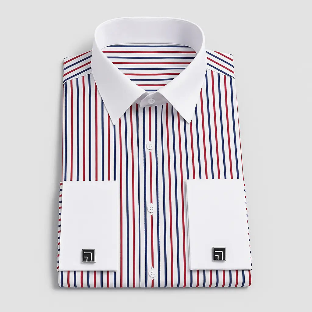 Camisa Social Masculina Listrada manga longa com fechamento em botões e abotoadura nas mangas