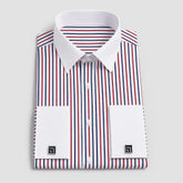 Camisa Social Masculina Listrada manga longa com fechamento em botões e abotoadura nas mangas