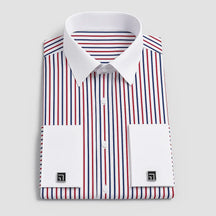 Camisa Social Masculina Listrada manga longa com fechamento em botões e abotoadura nas mangas