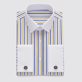 Camisa Social Masculina Listrada manga longa com fechamento em botões e abotoadura nas mangas