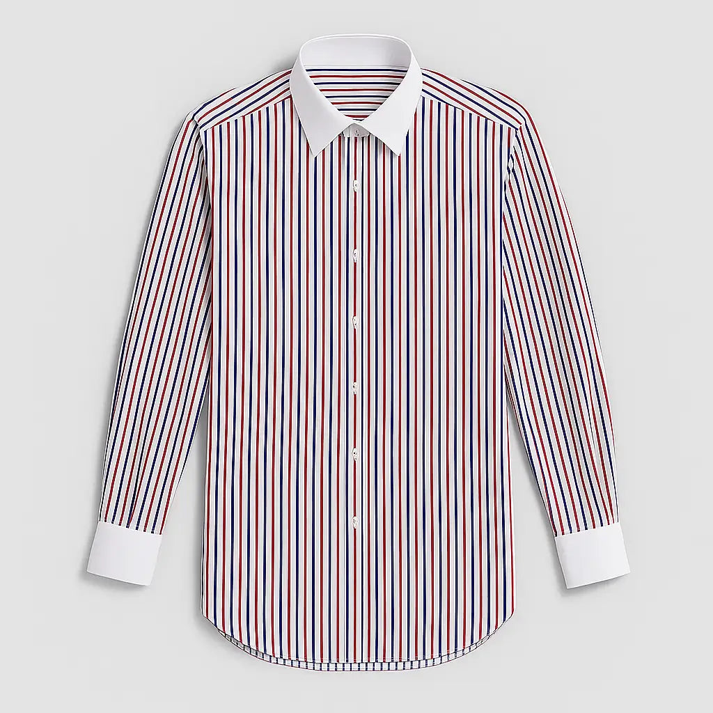 Camisa Social Masculina Listrada manga longa com fechamento em botões e abotoadura nas mangas