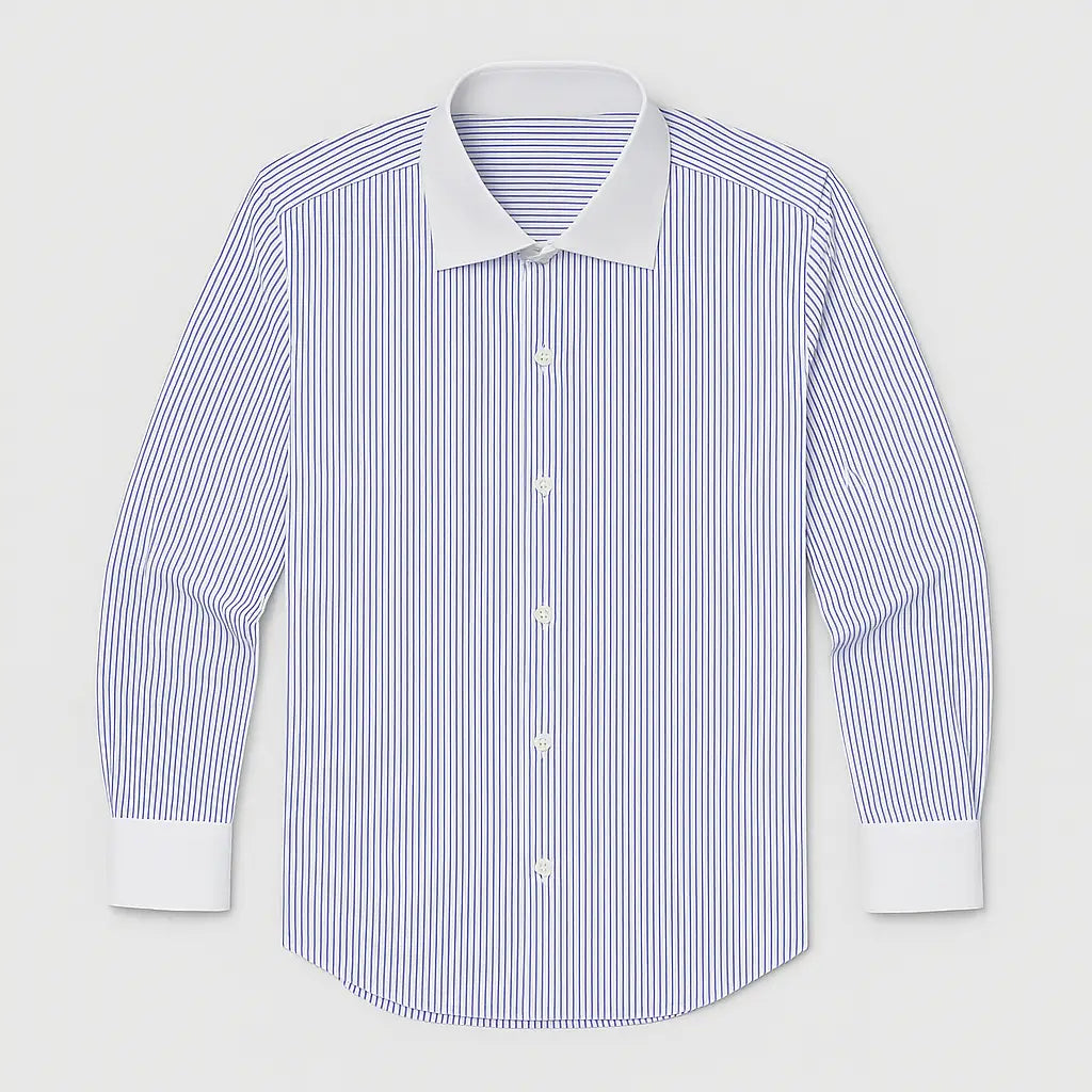 Camisa Social Masculina Listrada manga longa com fechamento em botões e abotoadura nas mangas