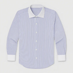 Camisa Social Masculina Listrada manga longa com fechamento em botões e abotoadura nas mangas