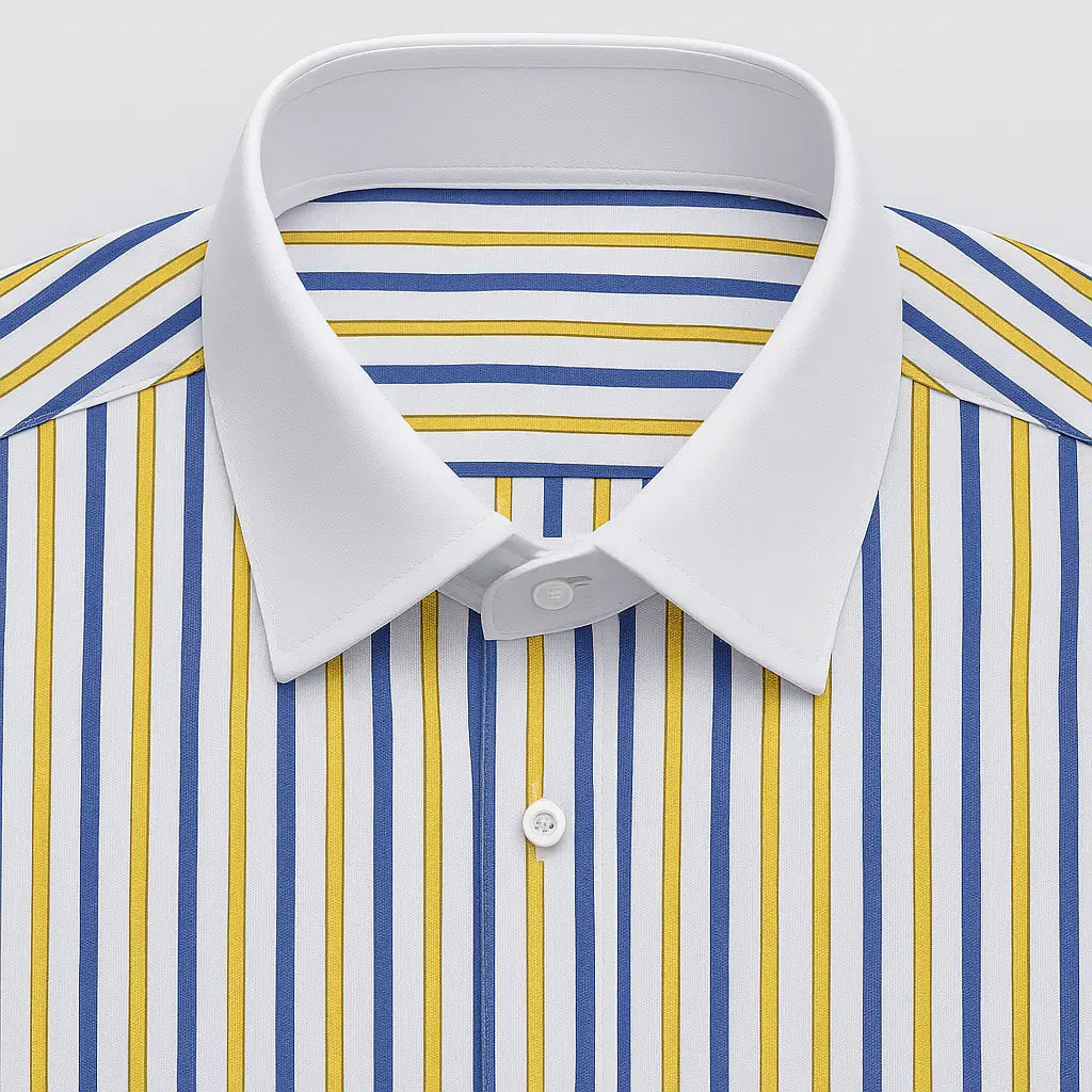 Camisa Social Masculina Listrada manga longa com fechamento em botões e abotoadura nas mangas