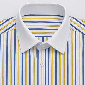 Camisa Social Masculina Listrada manga longa com fechamento em botões e abotoadura nas mangas