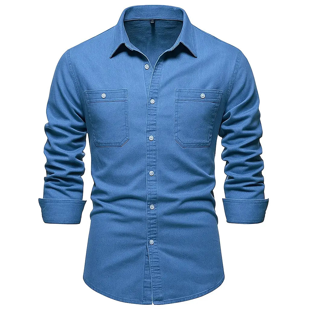 Camisa Masculina Jeans Algodão Denim manga longa e fechamento com botões 