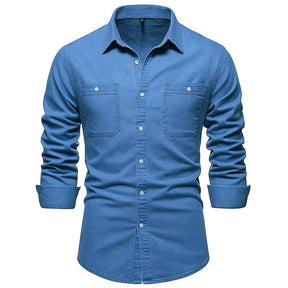Camisa Masculina Jeans Algodão Denim manga longa e fechamento com botões 