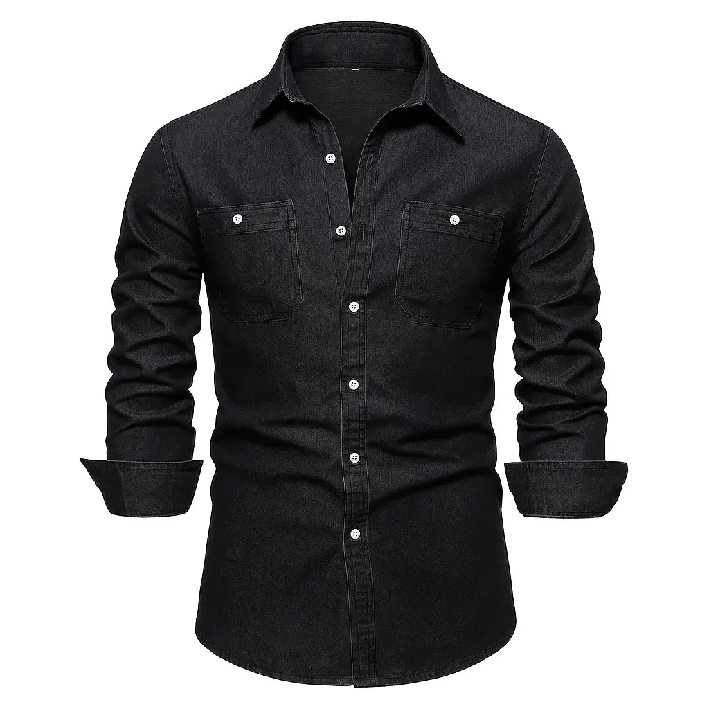 Camisa Masculina Jeans Algodão Denim manga longa e fechamento com botões 