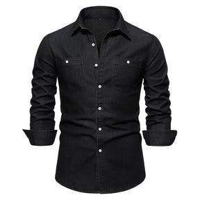 Camisa Masculina Jeans Algodão Denim manga longa e fechamento com botões 