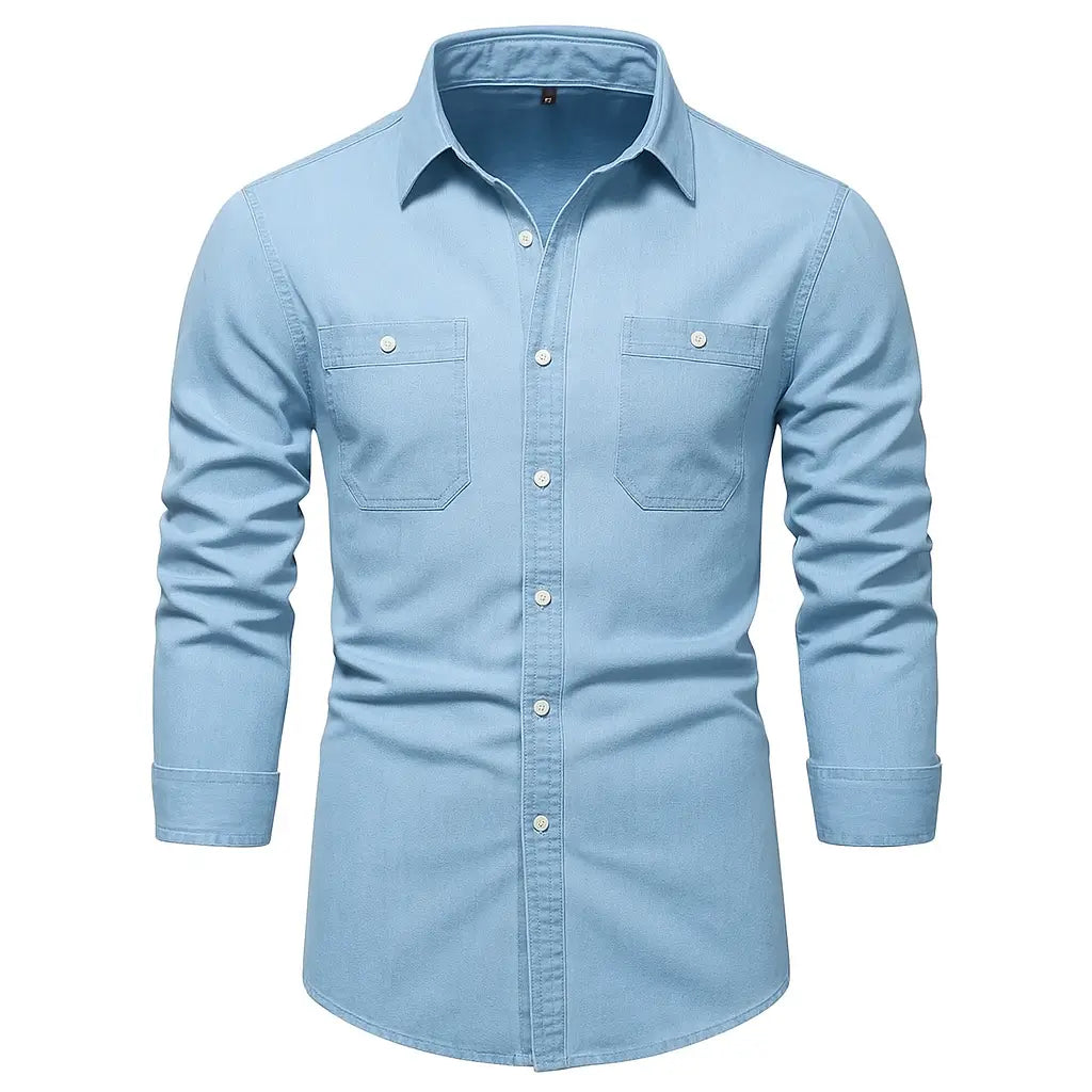 Camisa Masculina Jeans Algodão Denim manga longa e fechamento com botões 