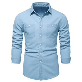 Camisa Masculina Jeans Algodão Denim manga longa e fechamento com botões 