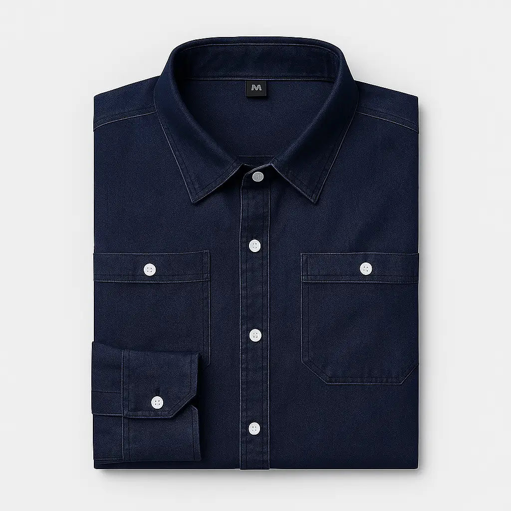 Camisa Masculina Jeans Algodão Denim manga longa e fechamento com botões 