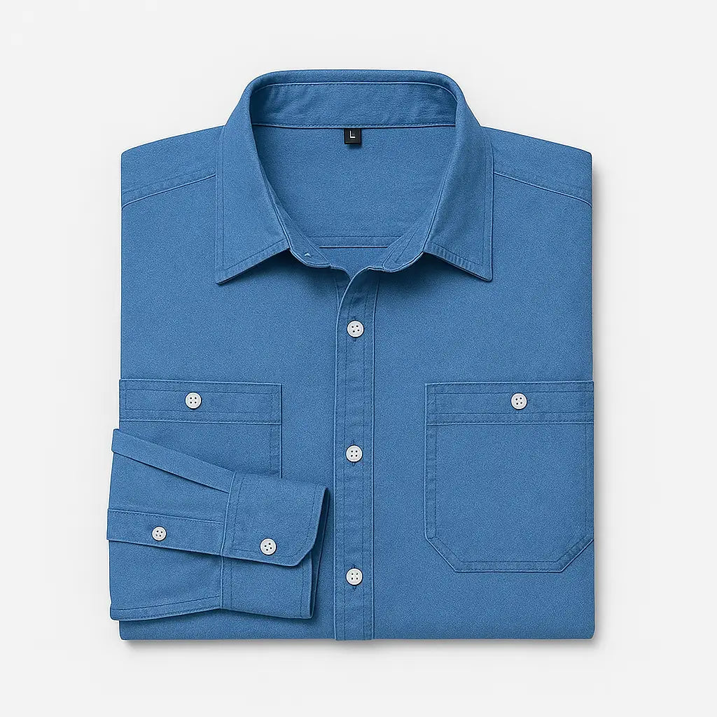 Camisa Masculina Jeans Algodão Denim manga longa e fechamento com botões 