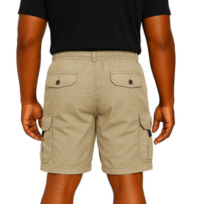 Bermuda cargo masculina de algodão, estilo safari casual com múltiplos bolsos.