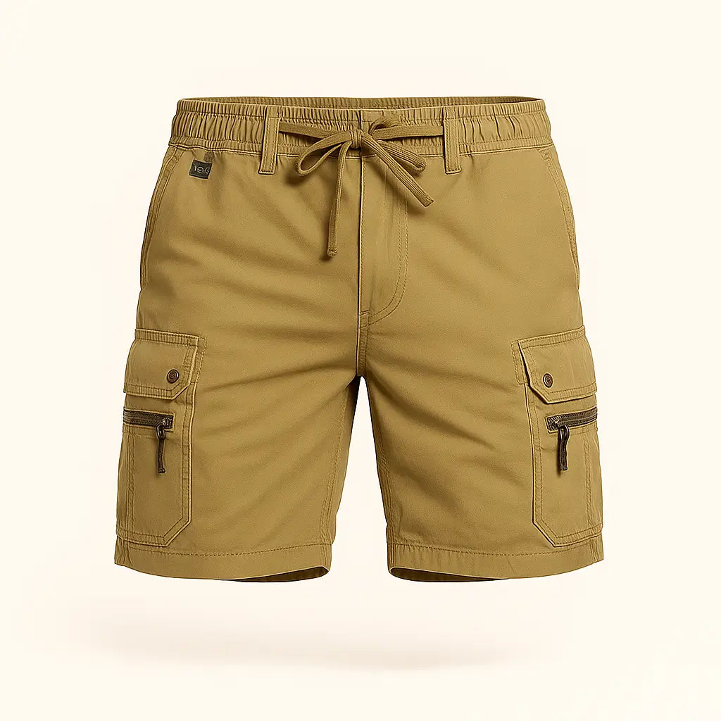 Bermuda cargo masculina de algodão, estilo safari casual com múltiplos bolsos.