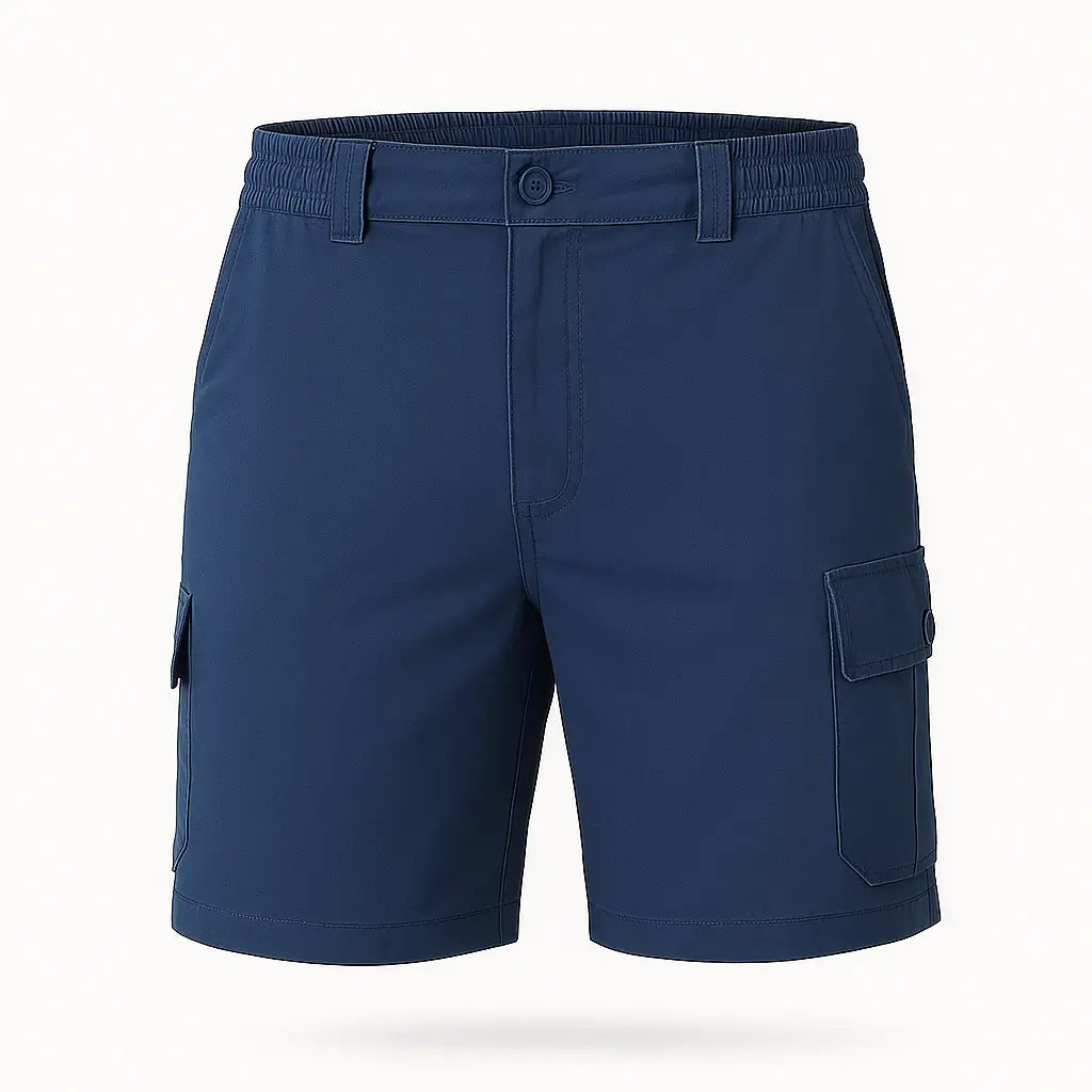 Bermuda cargo masculina azul em algodão respirável com múltiplos bolsos.