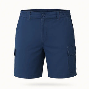 Bermuda cargo masculina azul em algodão respirável com múltiplos bolsos.