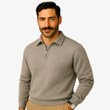 Suéter masculino bege com textura geométrica e zíper — moda outono inverno