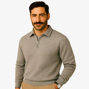 Suéter masculino bege com textura geométrica e zíper — moda outono inverno