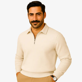 Suéter masculino bege com textura geométrica e zíper — moda outono inverno