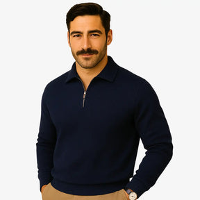 Suéter masculino bege com textura geométrica e zíper — moda outono inverno