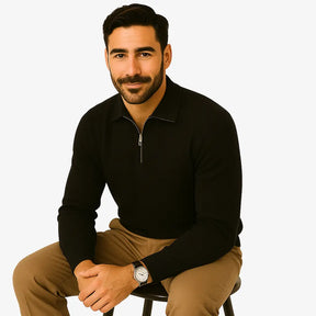 Suéter masculino bege com textura geométrica e zíper — moda outono inverno