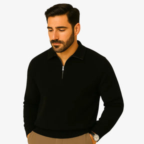 Suéter masculino bege com textura geométrica e zíper — moda outono inverno