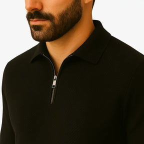Suéter masculino bege com textura geométrica e zíper — moda outono inverno