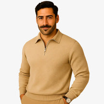 Suéter masculino bege com textura geométrica e zíper — moda outono inverno