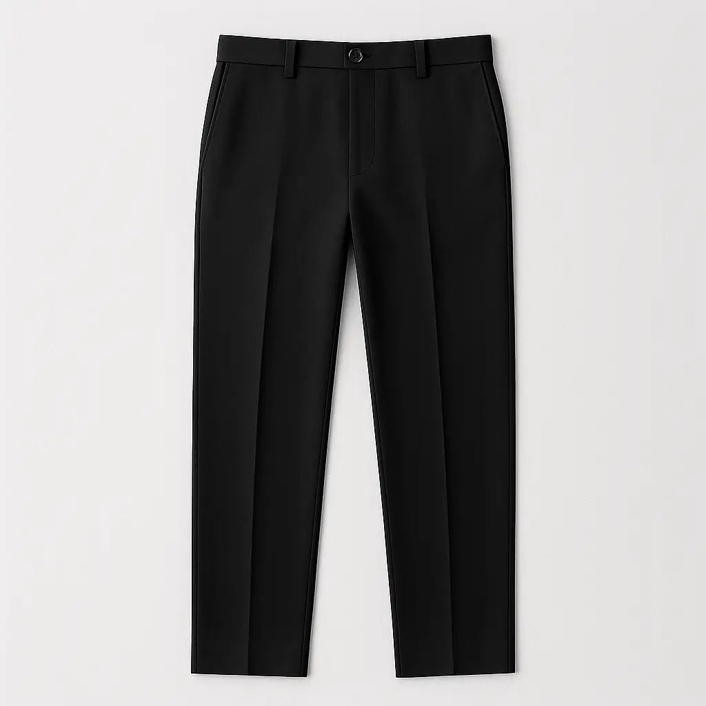 Homem vestindo calça MODAL PLUS em tecido tecnológico leve com toque de seda, destacando frescor, elasticidade e elegância para o verão.