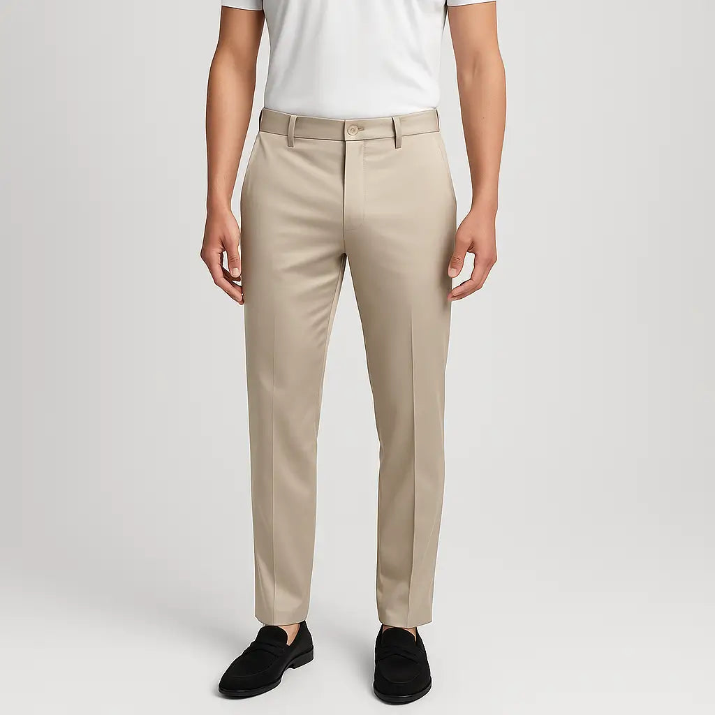 Calça masculina MODAL PLUS bege em tecido tecnológico leve com toque de seda, mostrando caimento reto e elegante, ideal para o verão.