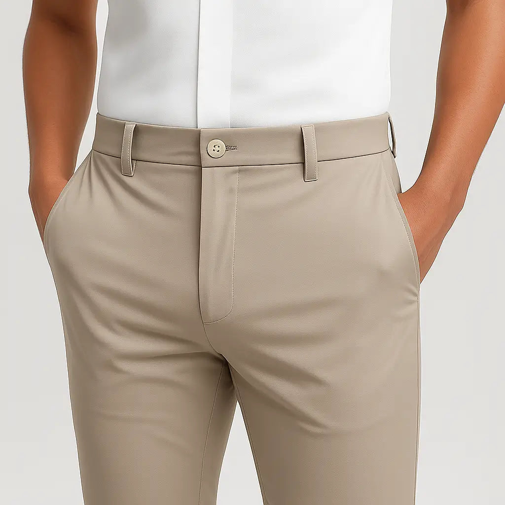 Calça masculina MODAL PLUS bege em tecido tecnológico leve com toque de seda, mostrando caimento reto e elegante, ideal para o verão.