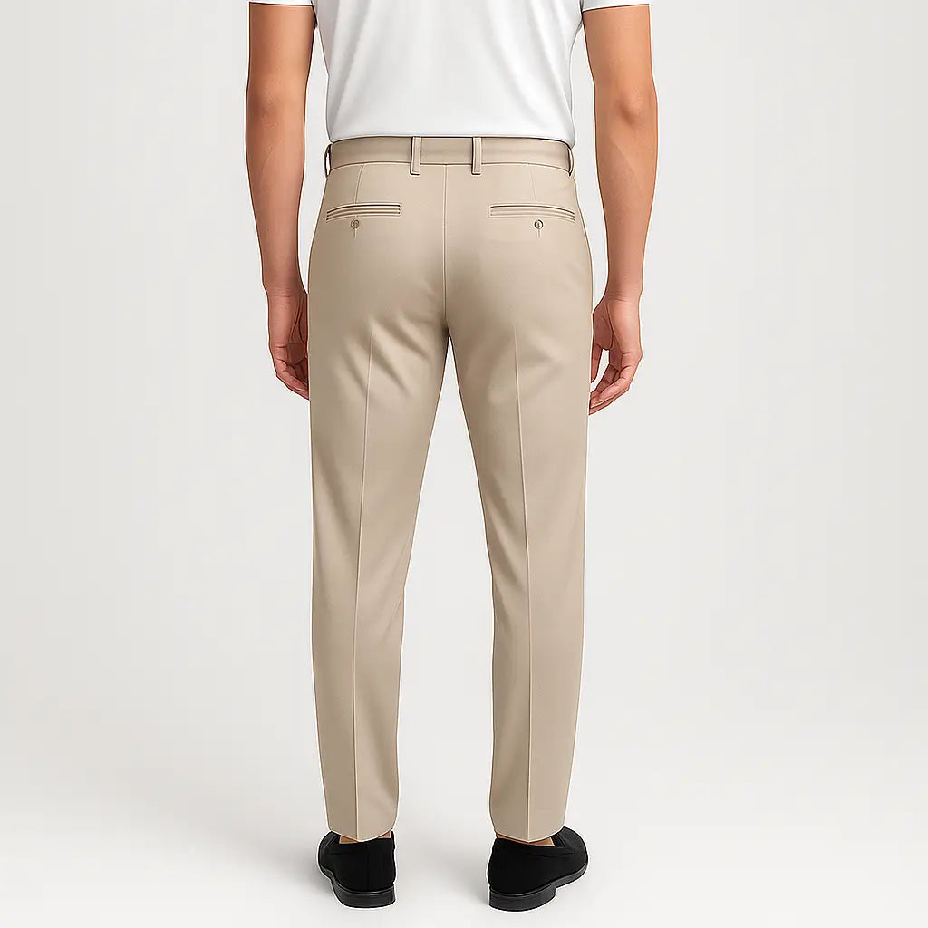 Calça masculina MODAL PLUS bege em tecido tecnológico leve com toque de seda, mostrando caimento reto e elegante, ideal para o verão.