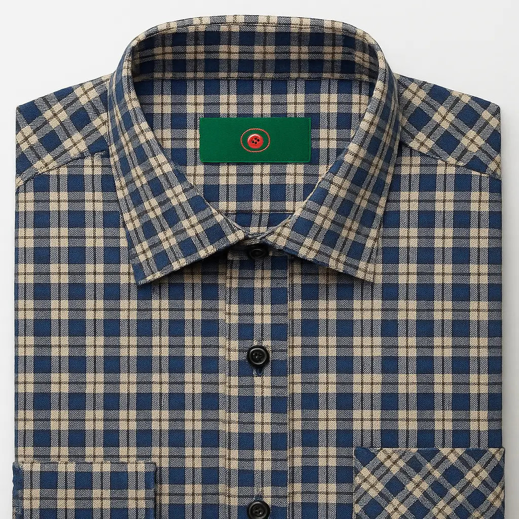 camisa masculina xadrez azul, preto e branco em algodão com poliéster, manga longa, gola estruturada e botões escuros