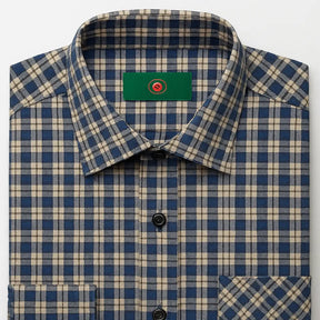 camisa masculina xadrez azul, preto e branco em algodão com poliéster, manga longa, gola estruturada e botões escuros