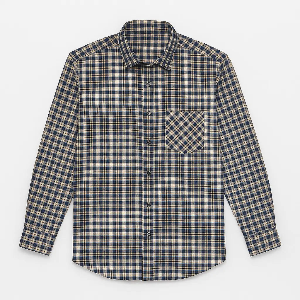 camisa masculina xadrez azul, preto e branco em algodão com poliéster, manga longa, gola estruturada e botões escuros